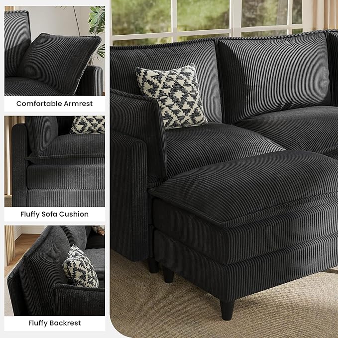 Apicizon 108 Cloud Couch Sectional L Shaped Cloud Sofa with Side Storage Pocket Modern Corduroy Sofa Set for Living Room Office Black