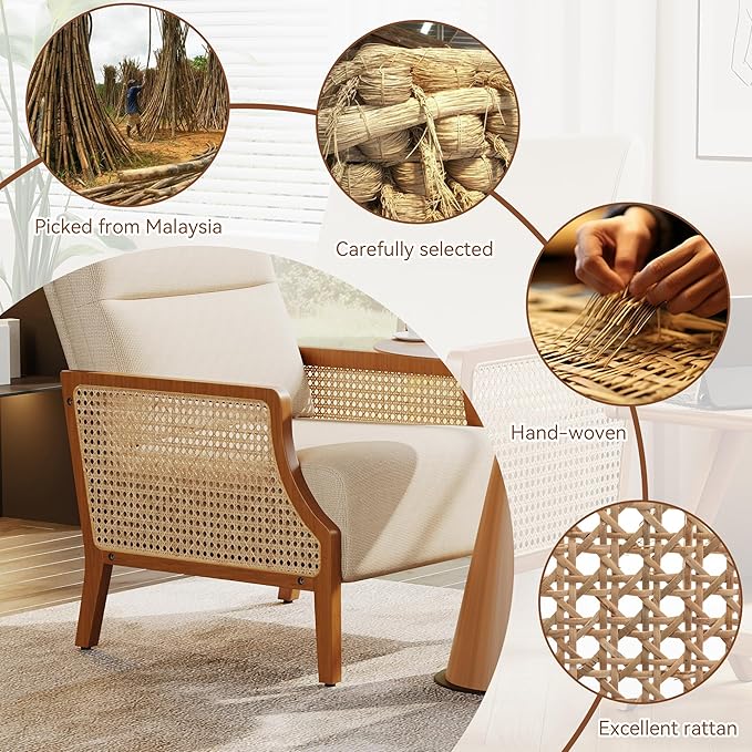 Aklaus Mid Century Accent Chair with Rattan Armrest Upholstered Living Room Chairs Lounge Fabric Reading Chairs Side Sitting Farmhouse Chair for Living Room Bedroom Balcony Beige