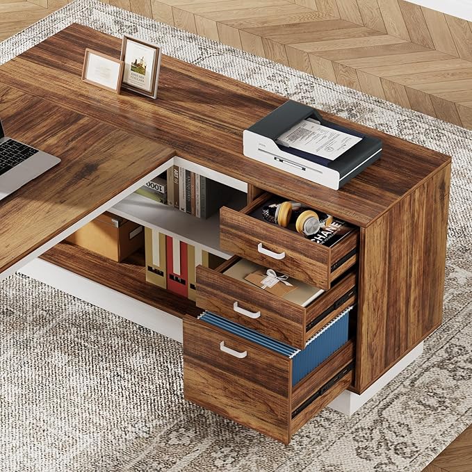 Tribesigns 71-Inch Executive Desk L-Shaped Desk with Cabinet Large Office Desk with Drawers and Storage Shelves Writing Table Computer Desk for Home Office Brown and White