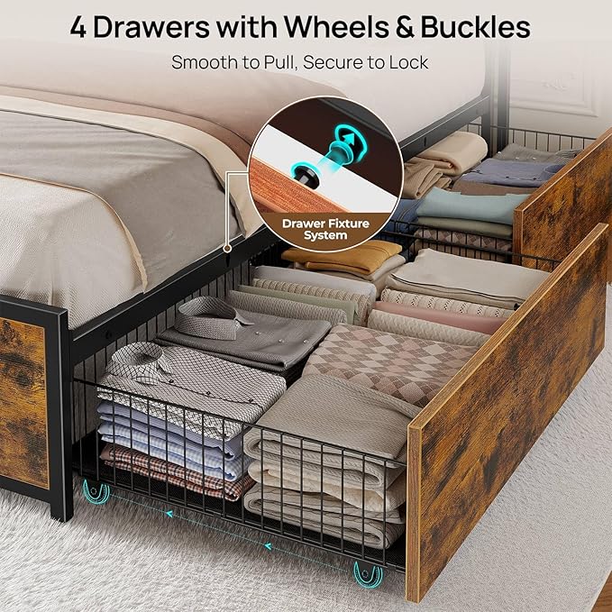 Rolanstar Queen Bed Frame with 4 Storage Drawers Charging Station and LED Lights Metal Platform Bed with 2-Tier Storage Headboard No Box Spring Needed Easy Assembly Noise-Free Rustic Brown