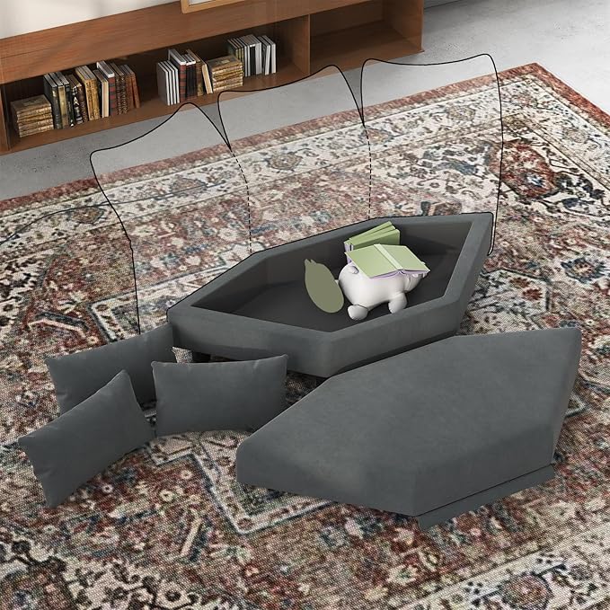 LLappuil Modular Corner Sectional Sofa Couch Storage Seats Storage Hexagonal Ottoman Modules and Six Sides Seat for Modular Sectional Sofa Couch for Living Room Grey