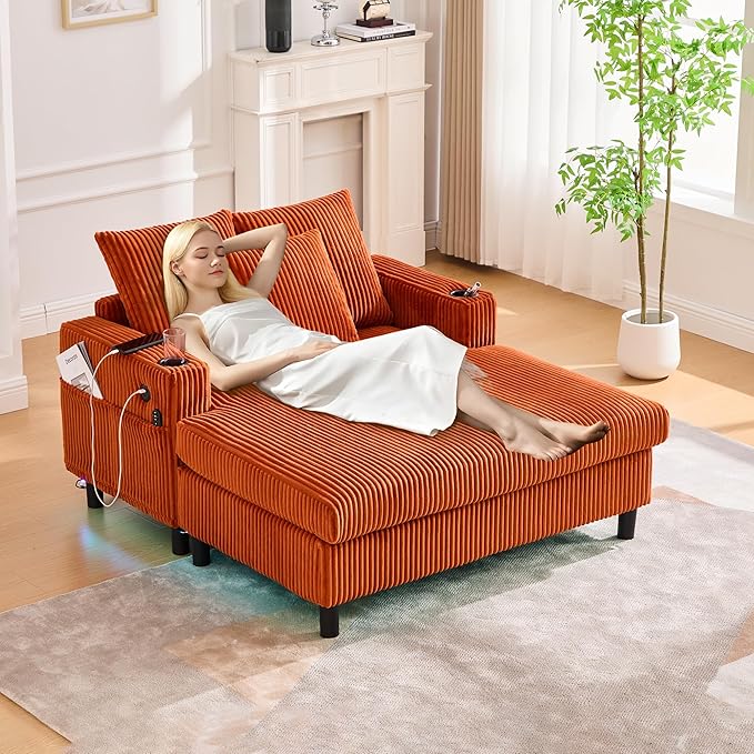 KEIKI 50 W Corduroy Oversized Recliner Single Sofa Couch with Deep Seat3 PillowsUSB ChargingCup Holder and Side Pocket Design