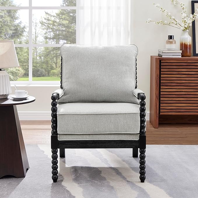 Roundhill Furniture Belvoir Upholstered Spool Accent Chair with Turned Wood Frame Gray with Black Finish