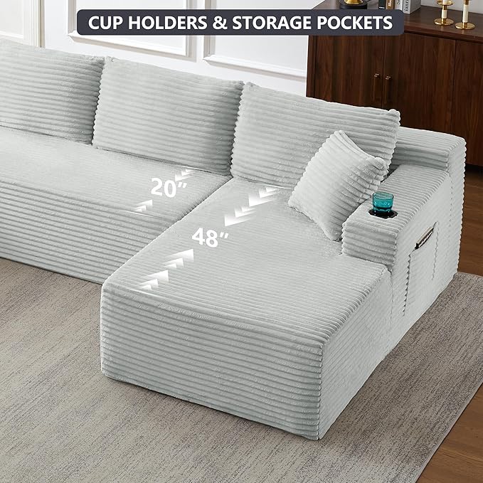 133.5 Modular Sectional Sofa with Movable Chaises Boneless Couches with Cup Holders for Living RoomOversized U Shaped Sectional Couch Modern Cloud Corner Sofa with Storage 6 Seater- Gray