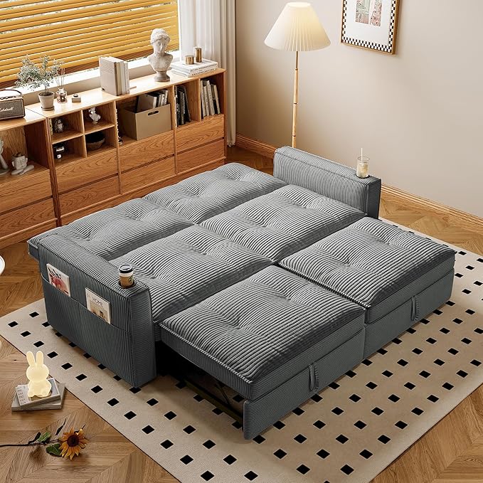 73.2 inch 2-in-1 Convertible Sofa Bed with Cup Holder | Space-Saving Sleeper for Small Apartments Dorms &amp Offices | Guest Ready in Seconds(Grey +Corduroy)