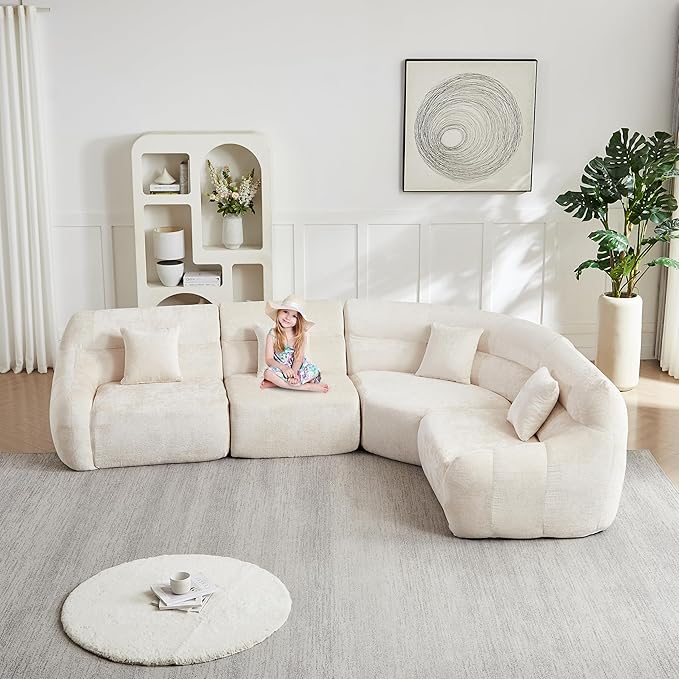 123 Oversized Boneless Chenille Curved Corner Sectional Sofa Modern Luxury 4 Pillows Modular Cloud 4-Seater Sofa High-Back Couch for Living Room (Beige)