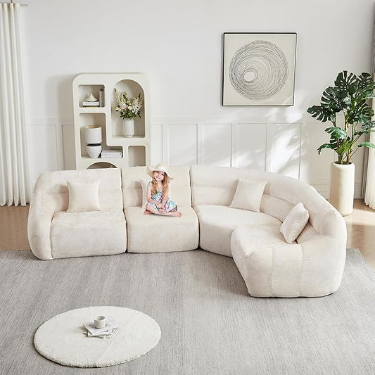 123 Oversized Boneless Chenille Curved Corner Sectional Sofa Modern Luxury 4 Pillows Modular Cloud 4-Seater Sofa High-Back Couch for Living Room (Beige)