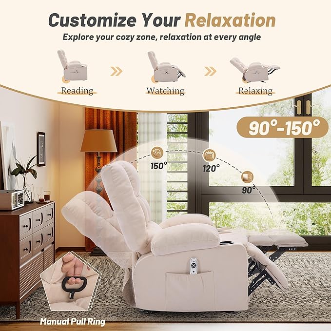 Rocker Recliner Chair with Massage and Heat Nursery Rocking Chairs for Living Room Ergonomic Comfy Relining Chair with Cup Holders USB Charge Port Side Pockets Recliner Chair for Adults Beige