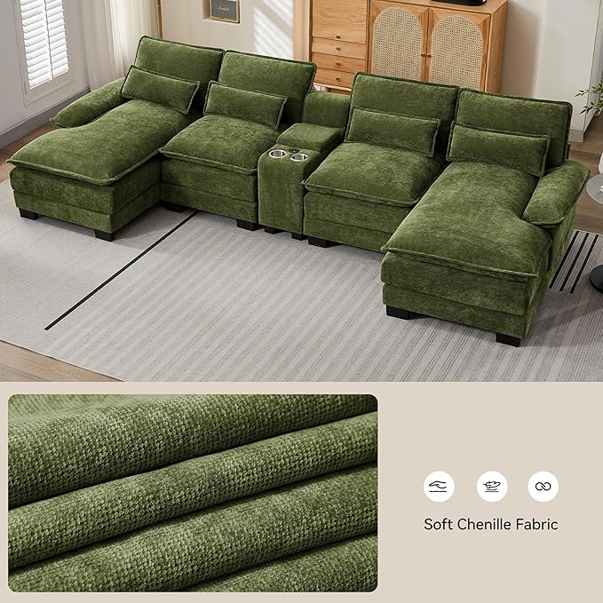 U Shaped Sectional Sofa with Storage Console Cup Holders &amp USB Ports Small Modular Cloud Couch with Deep Seats Modern Comfy Living Room Sofa for Apartment Chenille Green