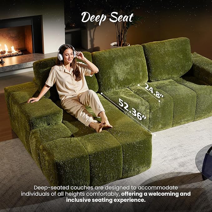 ovios 115 Cloud Boneless Couch with Glitter Fabric Moudular Sectional Sofa with Deep Seat No Assembly Required Modern Minimalist L Shaped Couches with Chaise for Living Room Green