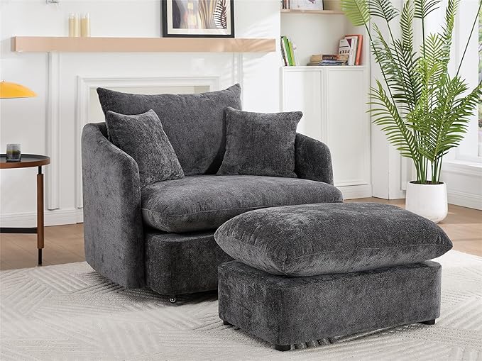 46 Oversized Swivel Accent Chair with Ottoman Set Upholstered 360° Swivel Barrel Chair and A Half with Ottoman Extra Wide Seat Lounge for Living Room Reading Bedrooms