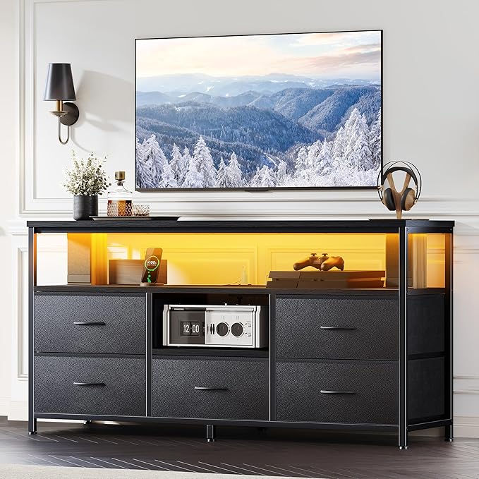 TV Stand for 55 Inch TV Entertainment Center with LED Lights &amp Power Outlets 5 Drawers Dresser for Bedroom with Open Storage Shelves Console Table for Living Room Bedroom Hallway