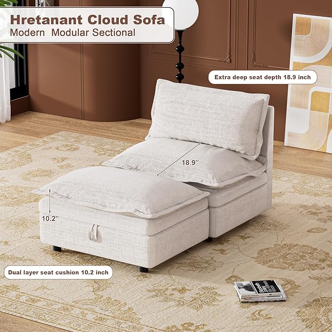 Oversized Armless Sofa with Ottoman Chenille Upholstered Chaise Lounge Comfy Armless Accent Chair and Ottomans with Storage Reading Chair with Ottoman for Living Room Bedroom Beige