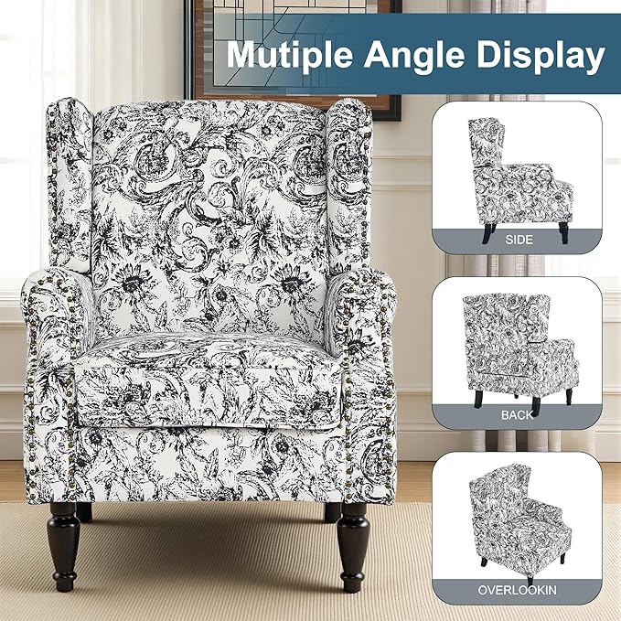 Wingback Chair High Back Floral Accent Chair in Fabric Comfy Upholstered Armchair with Nailhead Trim for Living Room Single Sofa Reading Chair for Small Spaces Bedroom-Rococo Black