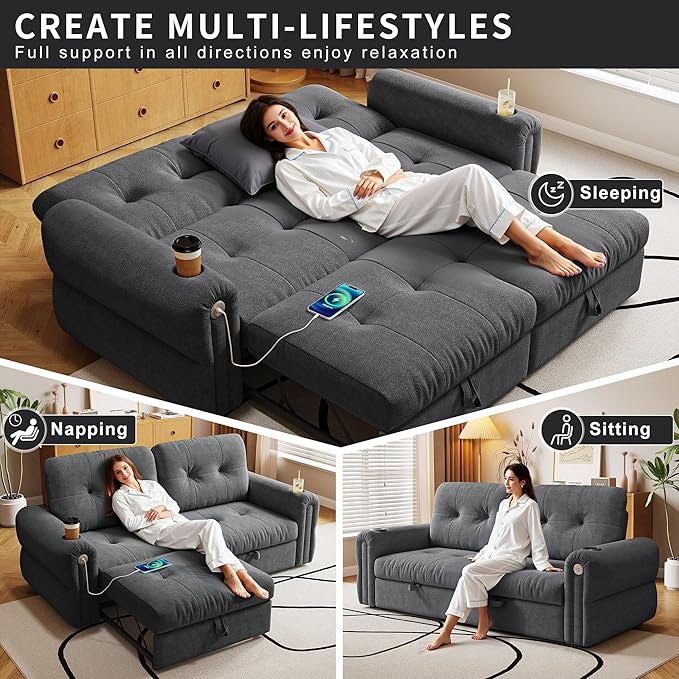 77 Pull Out Sofa Bed Velvet Convertible Sleeper Couch Loveseat Chaise Lounge with Cup Holder and USB Pullout Futon Sofa Bed for Living Room Bedroom Small Spaces RV (Dark Grey)