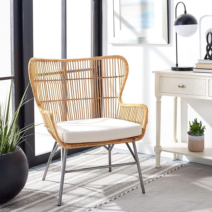 SAFAVIEH Home Collection Lenu Rattan White Cushion Accent Chair Natural/Black (ACH6510B)