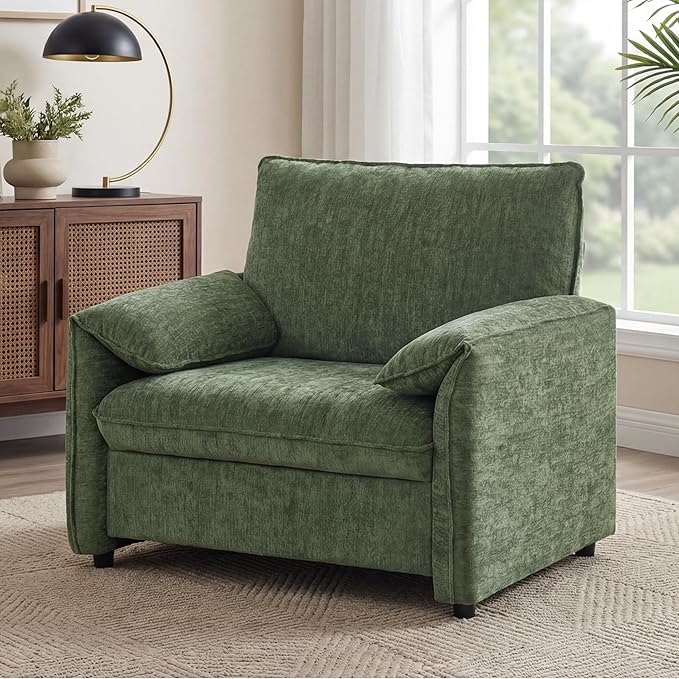 Oversized Accent Chair Modern Armchair for Living Room Wide Reading Chair w/Deep Seat Springs Cushion Chenille Armchair w/Pillow Arm Single Sofa Chair for Bedroom Apartment Office Green