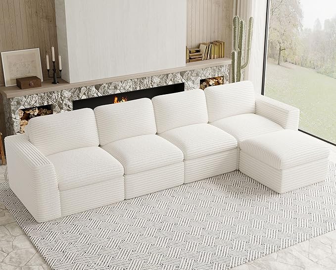Boneless Sectional Cloud Couch with Deep Seat Plush Corduroy Modular Sectional Sofa Convertible L Shaped Couches for Living Room. White Sofa.