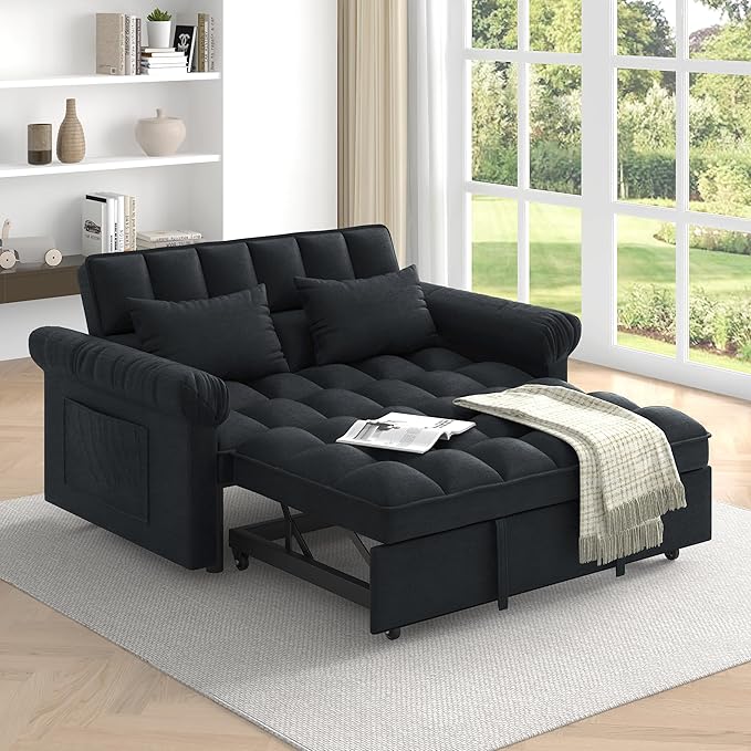 Modern Loveseat Sleeper Sofa with Pull-Out Bed &amp Adjustable Backrest Convertible Sofa Bed with Strong Wood Frame for Small Space Living Room Guest Room Easy Assembly (Black85)