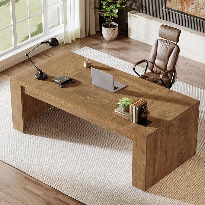 Tribesigns 70.9-Inch Executive Desk Large Wooden Computer Office Desk with Sturdy Double Pedestal Legs Writing Table Business Workspace Home Office Furniture for Home Office (Brown)