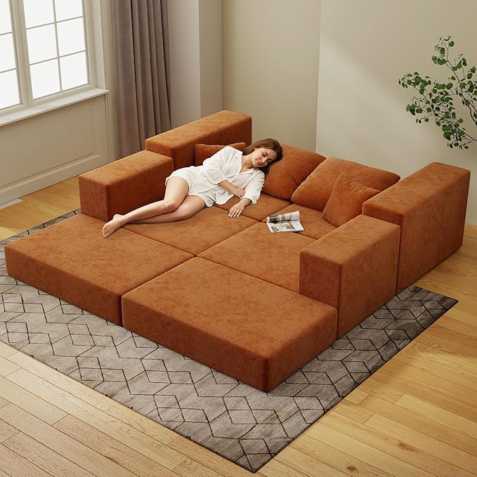 Cloud Modular Sectional Sofa Comfy Boneless Couch for Living Room Modern L-Shaped Couch with Reversible Chaise Customizable Sleeper Sofa with Non Slip No Assembly &amp Deep Seat Orange