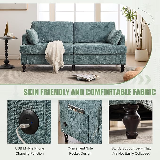 69” Modern Chenille Loveseat Sofa Couch Upholstered 2 Seat Love Seat Deep Seat Small Couch with LED Light and Sturdy Wood Legs for Living Room Bedroom Apartment (Lake Blue)