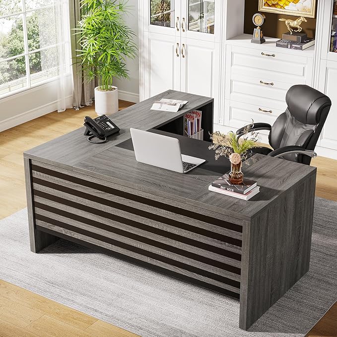 Tribesigns 62.2 Executive Desk with Mobile File Cabinet L-Shaped Office Desk with Storage Shelves Large Computer Table Business Workstation Set for Home Office Grey