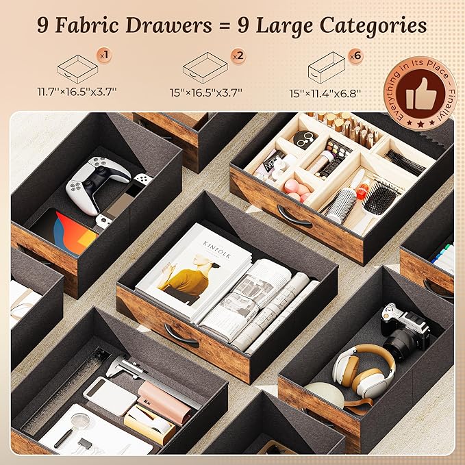 PRAISUN 54 Inch Office Desk with Outlets Computer Desk with 9 Fabric Drawers Writing Gaming Work Study Desk for Bedroom Living Room Home Office Large Storage Rustic Brown