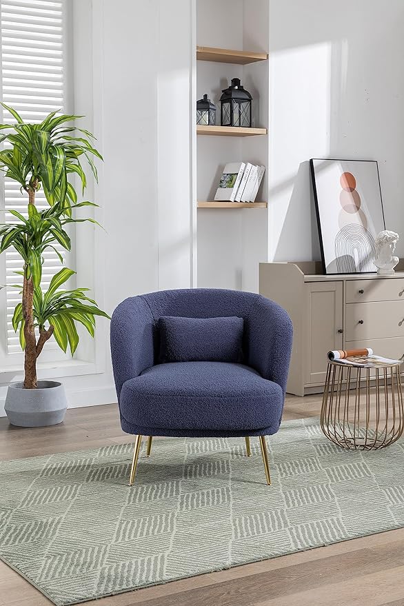 Generic 30.32 W Accent Chair Upholstered Curved Backrest Reading Chair Single Sofa Leisure Club Chair with Golden Adjustable Legs for Living Room Bedroom Dorm RoomNavy Boucle