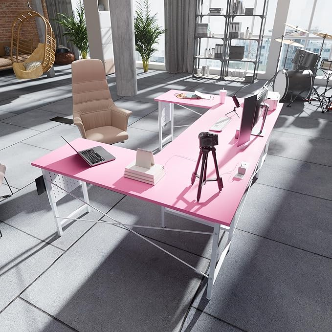 Pamray 71 Inch Large Computer Desk with Power OutletsU Shaped Corner Desk for Home Office Work and Gaming Pink