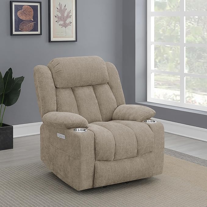 Coaster Home Furnishings - Houston - Fabric Upholstered Power Lift Recliner Chair with Power Panel with USB Port Cup Holders and Pillowtop Arms - Living Room - Camel - 602274P
