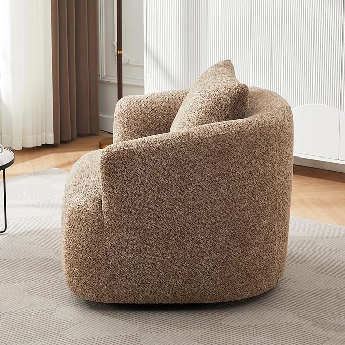 360° Swivel Chair 38.2 Accent Chair Sofa Boucle Fabric Upholstered Swivel Barrel Sofa Chair with a Throw Pillow for Living Room Bedroom Office Hotel (Dark Brown-4.29)