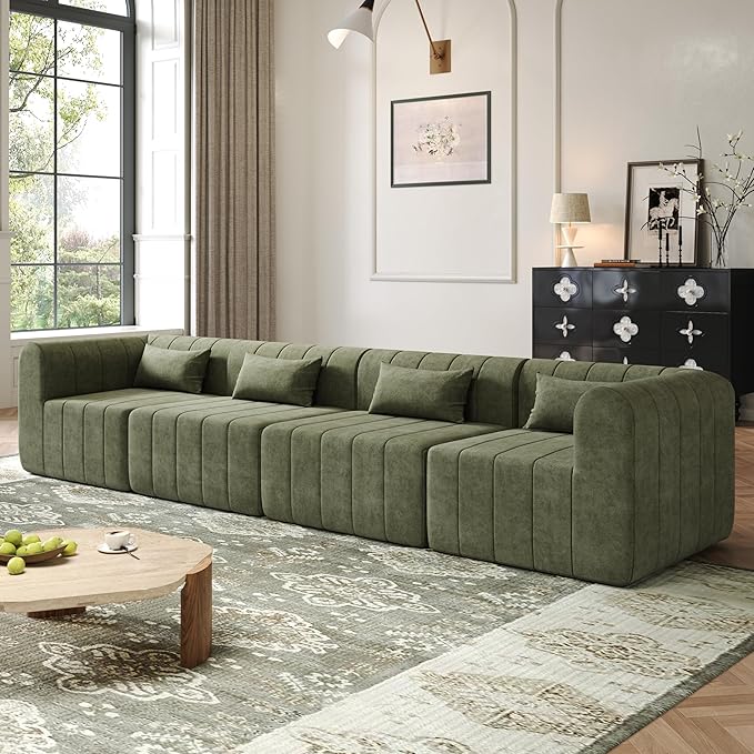 145.5 Inch Modular Full-Compressed Sectional SofaBeige Polyester Upholstered Modular Sofa with 4 PiecesCompressed Sponge Modular Couch for Living Room (Green#81)