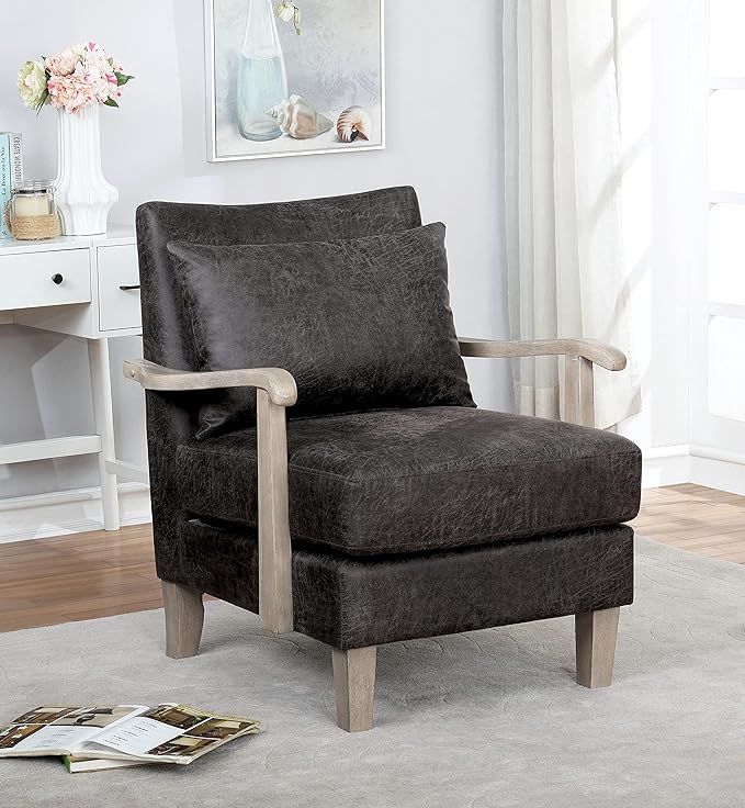HOMES: Inside + Out Turney Faux Leather Upholstered Arm Chair with Pillow Back and Wooden Arm for Living Room Bedroom Light Gray