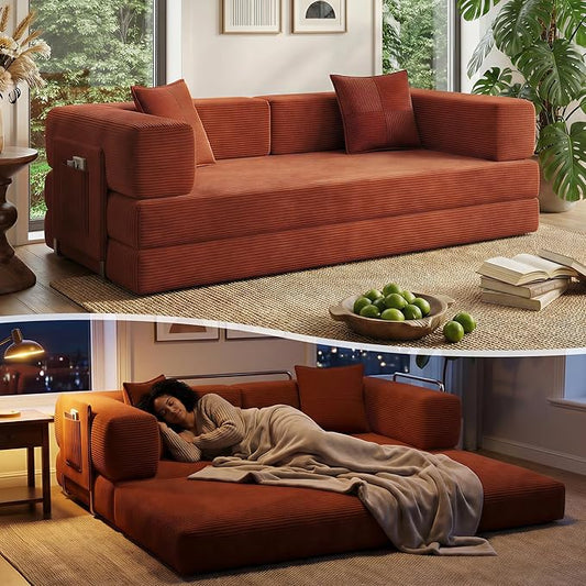78.8 Convertible Sofa Bed with Armrest Pillow 4-in-1 Sleeper Couch Bed for Livingroom Modular Corduroy Boneless couches No Assembly (Orange)