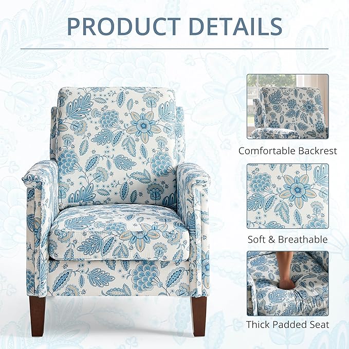 Accent Chair Set of 2 Modern Floral High Back Upholstered Armchair with Solid Legs for Living Room Spring-Padded Cushion and Removable Back Cushion Bedroom Reading Single Sofa Chair Blue