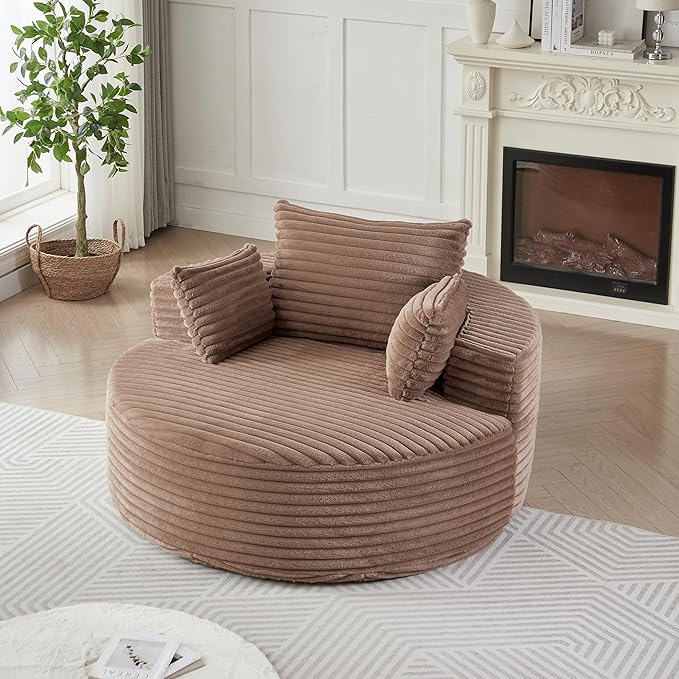 KEIKI 55 Oversized Corduroy Accent Chair Large Barrel Chairs Upholstered Round Sofa Single Couch Armchair Sleeper Chair for Living Room Lounge Brown