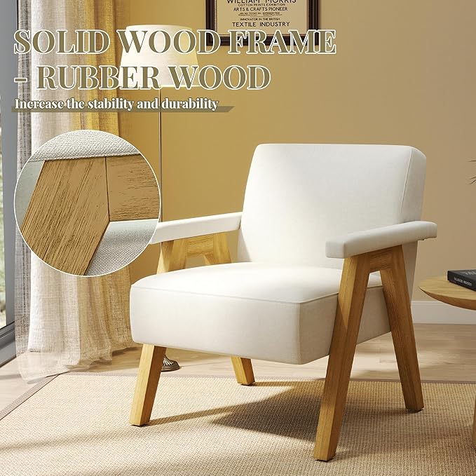 Mid-Century Accent Chair Linen Fabric Upholstered Lounge Armchair with Solid Wood Frame Modern Reading Chair for Living Room Bedroom Apartment – Ivory White