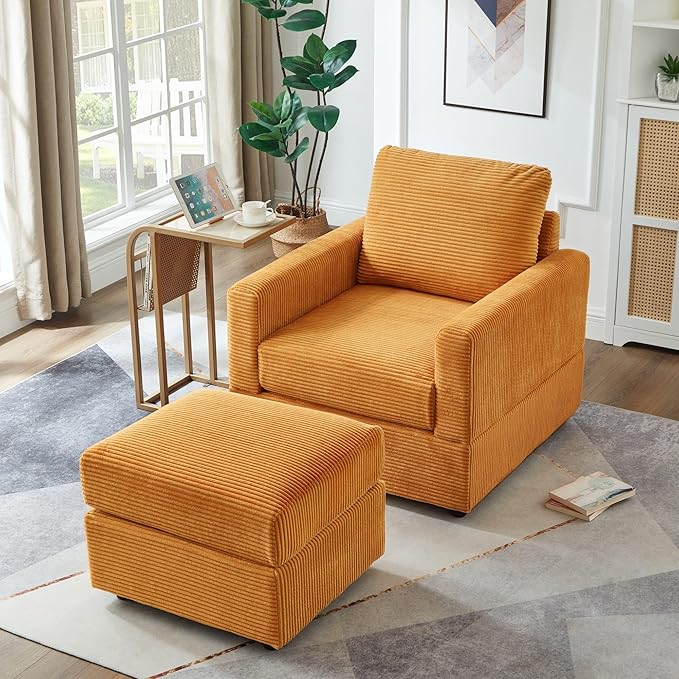 GDFStudio 32 Single Seat Sofa Couch Corduroy Comfy Deep Seat Sofa Sleeper Sofa Bed Chaise Couch Chair with Ottoman Removable Footrest Oversized Armchair for Living Room Orange