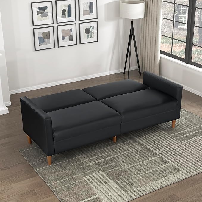 Lexicon 79W Convertible Futon Sofa Bed Loveseat Faux Leather Upholstered Couch Sleeper Adjustable Backrests Padded Pocket Coil Solid Wood Legs for Living Room Bedroom Apartment Office Black