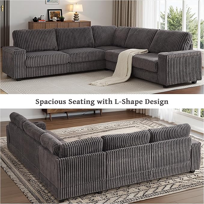 110 Oversized L-Shaped Sectional Sofa Plush Corduroy Deep Seat Couch Large V Shaped Corner Couch with Storage USB Charging Cup Holder Modern Upholstered Sectional for Living Room (Grey)