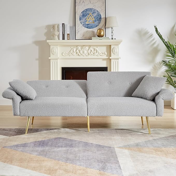 69.5 Grey Convertible Futon Sofa Bed with Adjustable Backrest and Armrests Teddy Upholstered Loveseat Sleeper Couch with 2 Pillows and Metal Legs Love Seat for Guest Room Living Room (Grey)