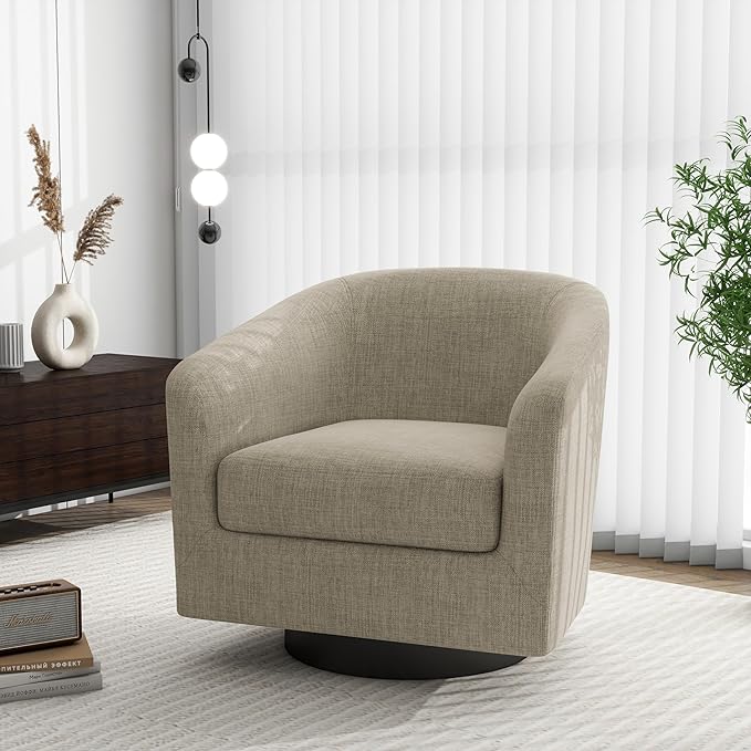 Swivel Barrel Accent Chair Modern Round Linen Arm Chair for Living Room Bedroom Comfy Club Reading Chairs for Adults（Linen Fabric Light Brown Set of 4