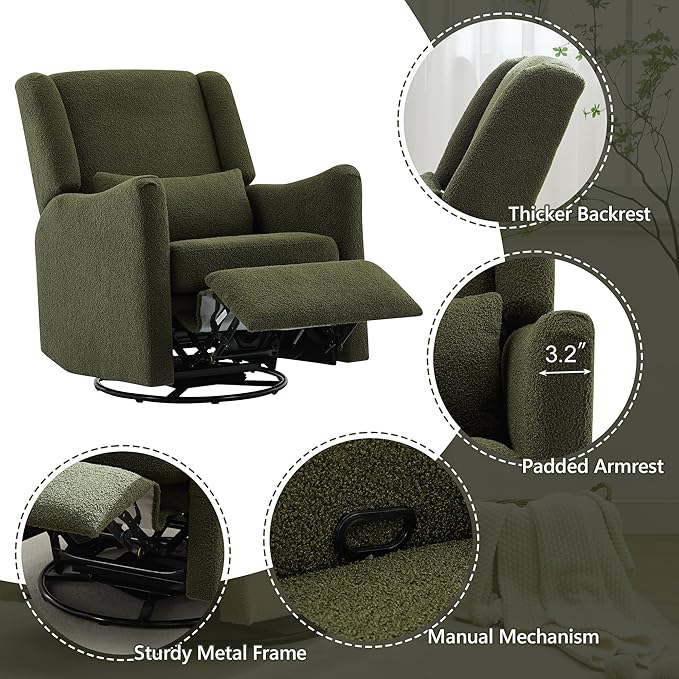 Modern Swivel Rocker Recliner Chair 29.5'' Wide Wingback Swivel Rocker Recliner Chair Linen Fabric Rocking Chair Nursery Chair for Living Room Apartment (Seaweed Green/79)