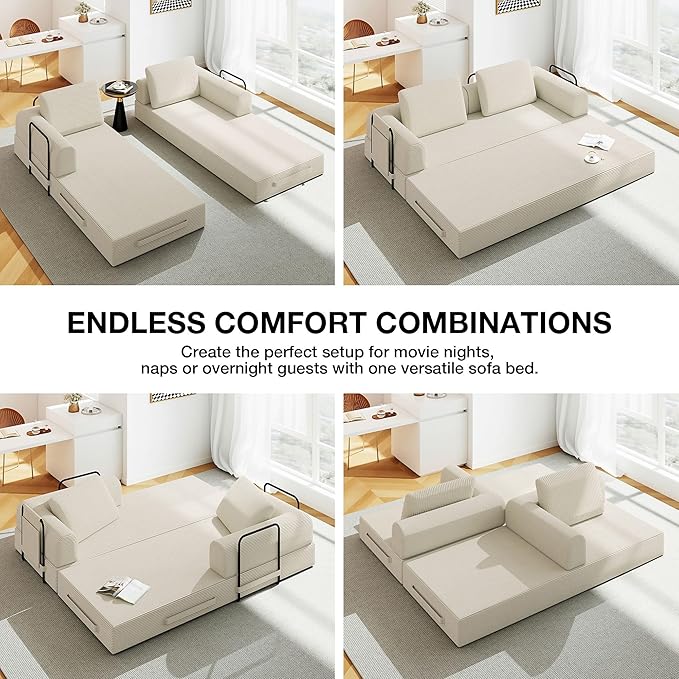 Convertible Sofa Bed 5-in-1 Pull-Out Futon Boneless Couch for Living Room &amp Guest Room Corduroy Sleeper Sofa with Steel Support Brackets 78.7 3-Seater with 2 Pillows (Beige)