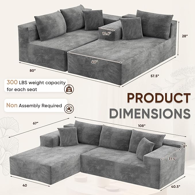 VICTONE 108” Cloud Sectional Couches Boneless Couch Modular L-Shaped Sofa with Deep Seat Modern Comfort Upholstered Sofas for Living Room No Assembly Required (Corduroy Grey)