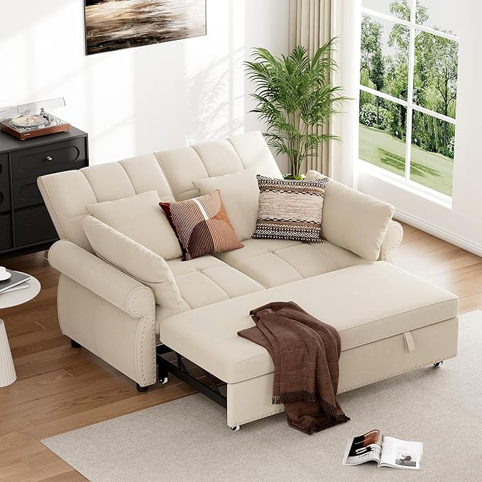 3 in 1 Sofa Bed 61 Inch Convertible Pull out Couch with Four Pillows Loveseat Sleeper Sofa with Adjustable Backrest Sofa Couches for Living Room Bedroom Apartment Chenille Fabric Beige