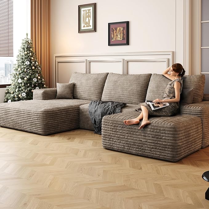 Oversized Corduroy Sectional Boneless Couch 108 W U Shaped Modular Sectional Sofa with Chaise/Ottoman No Assembly Required Compress Couches for Living Room (Camel 3 seater+Ottoman+Left Chaise)