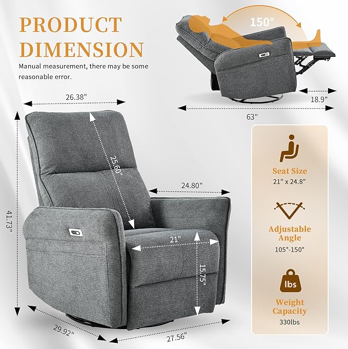 Power Swivel Rocker Recliner Chair for Nursery Upholstered Snowflake Velvet 270°Swivel Glider Rocker Chair with USB Ports Small Power Recliners for Small Spaces Living Room