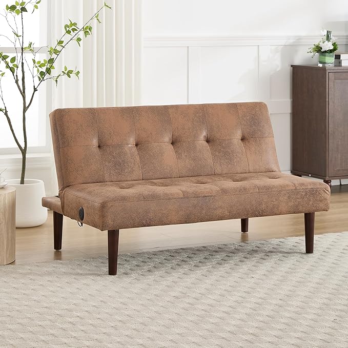 Anwick Convertible Futon Sofa Bed with Charging Port 45″ Folding Sleeper Sofa Adjustable Backrest Small Couch for Living Room Small Spaces Or Office Modern Loveseat (Coffee)